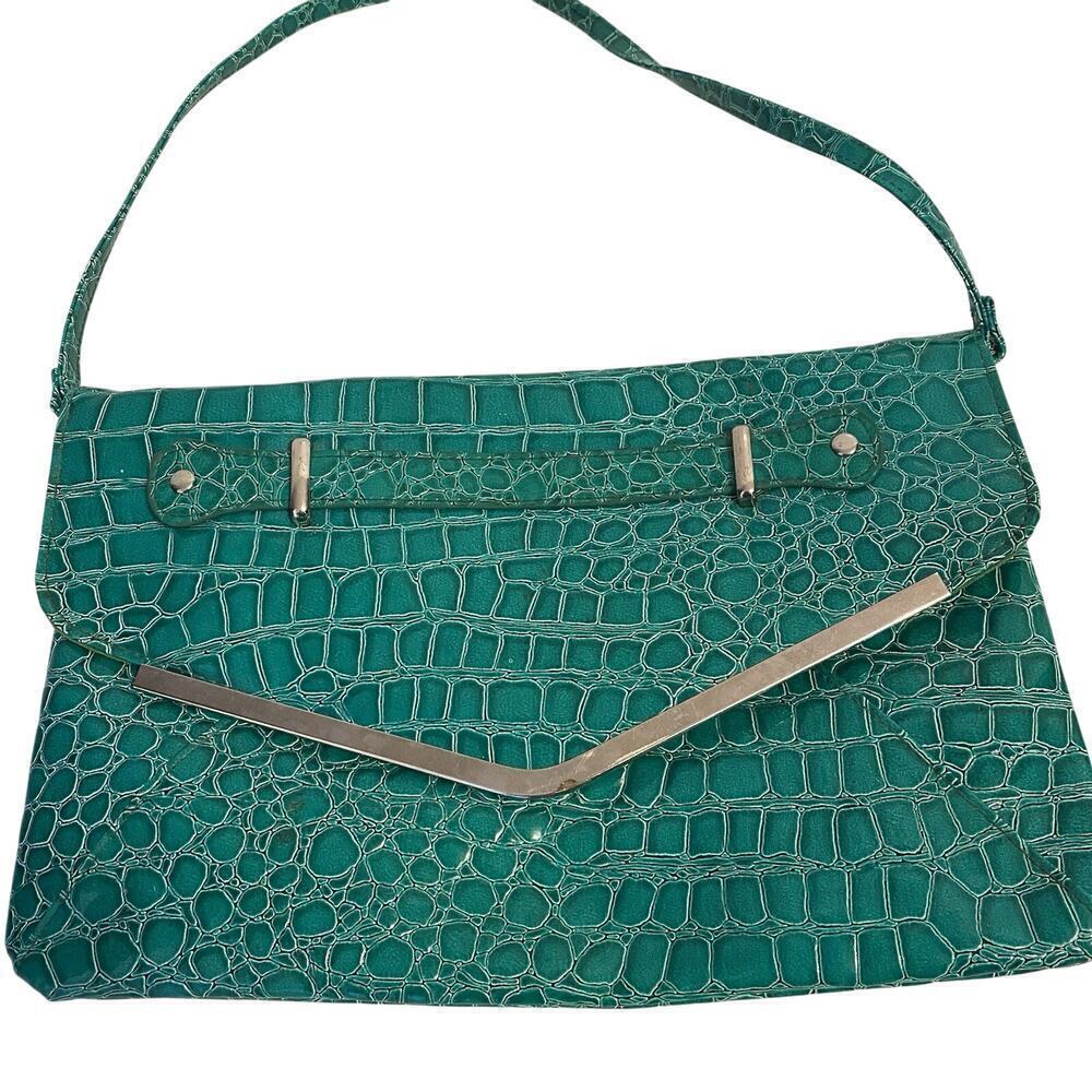 VTG 90s Y2K CharmingCharlie Green Shoulder Purse FauxLeather Crocodile Embossed